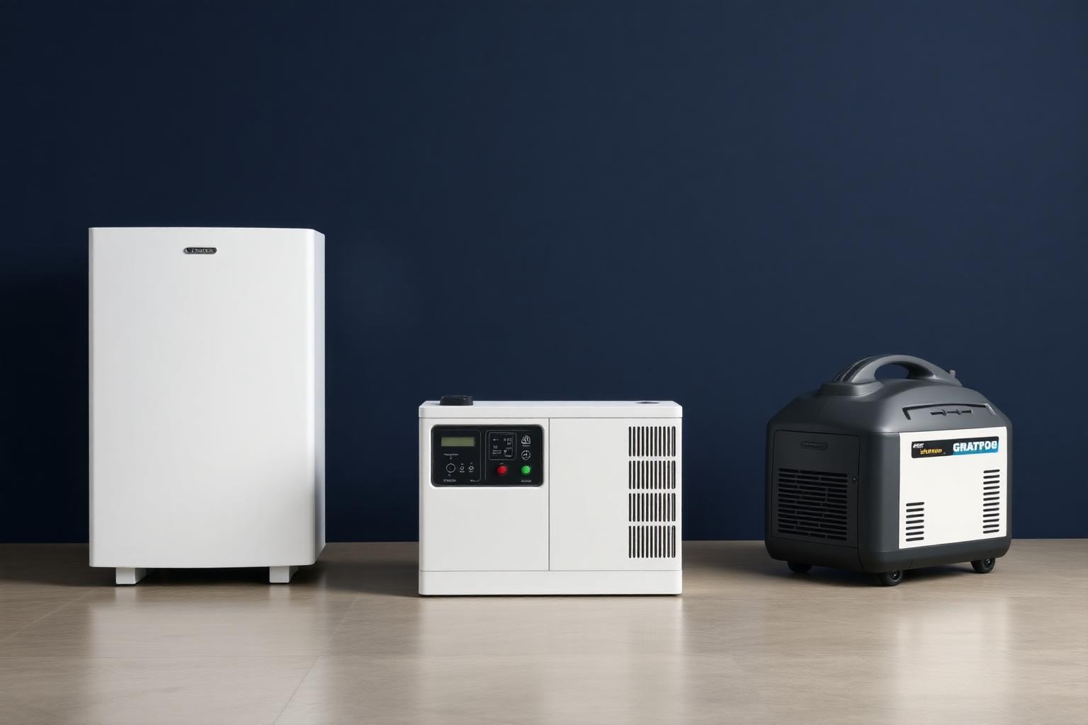 Home inverter, battery backup unit and silent generator lined up in a showroom